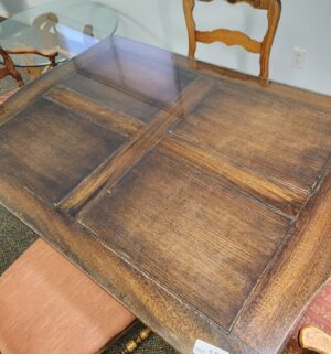 d157- 19th Century European Slide Out Ends Dining Table. Custom Glass Top. 8 Chairs Total - Image 3