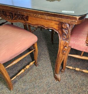 d157- 19th Century European Slide Out Ends Dining Table. Custom Glass Top. 8 Chairs Total - Image 4