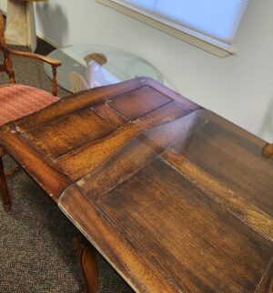 d157- 19th Century European Slide Out Ends Dining Table. Custom Glass Top. 8 Chairs Total - Image 5