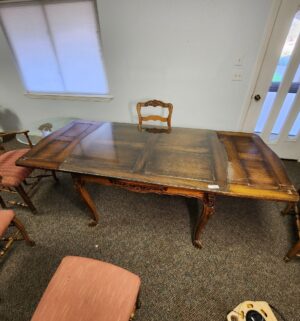 d157- 19th Century European Slide Out Ends Dining Table. Custom Glass Top. 8 Chairs Total - Image 6