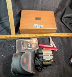 a221- Brett Farve, box, binoculars, knives - Image 1