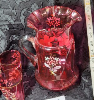 h32- Antique Victorian Cranberry Glass Enameled Floral Pitcher, Tumbler Set. 1800s - Image 4