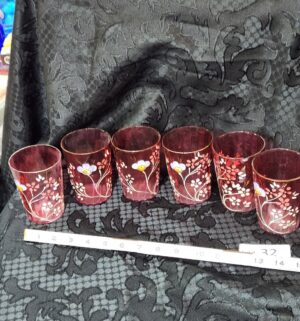 h32- Antique Victorian Cranberry Glass Enameled Floral Pitcher, Tumbler Set. 1800s - Image 5