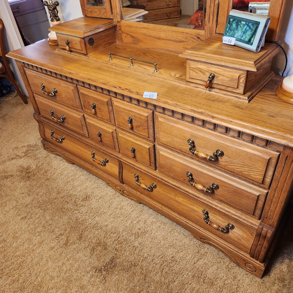 k69- Long Dresser with mirror. Oakwood Interiors - Leftover Treasures