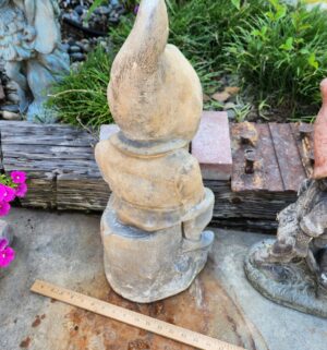 n20- Antique Garden Gnome Sitting on Stump - Image 3