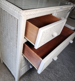 s4- Vintage White Wicker Dresser w/ Glass Top - Image 3