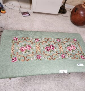 s17- Antique Floral Needlepoint Bench w Brass Frame - Image 3