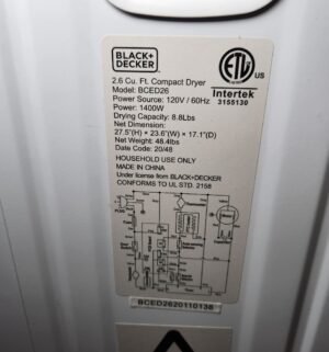 pb65- Black & Decker 2.6 cu. Ft. compact dryer. Model BCED26 - Image 5