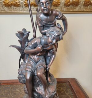 f17- Boy & Girl Lamp Statue. Glass Shades. Good Condition - Image 3