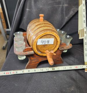 q408- Vintage Ceramic Whiskey Barrel w/ Shot Glasses - Image 1
