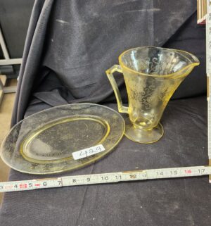 q429- Yellow Depression Glass Pitcher, Dish - Image 1