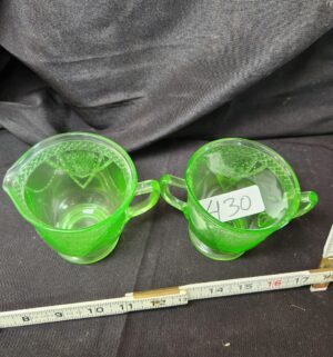 q430- Green Depression Glass Georgian Lovebirds Cream/Sugar - Image 2