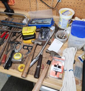 q485- Various tools, hardware on work bench - Image 1