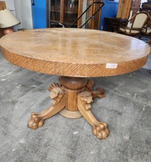 d129- Antique Lions Head Tiger Oak Round Table. 1800s