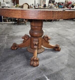 d129- Antique Lions Head Tiger Oak Round Table. 1800s - Image 3