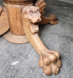 d129- Antique Lions Head Tiger Oak Round Table. 1800s - Image 6