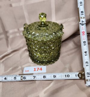 d174- Fenton Daisy & Buton Green Glass Candy Jar