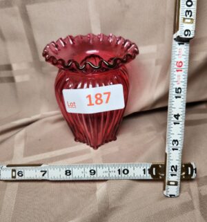 d187- Cranberry Glass Art Deco Fenton Vase