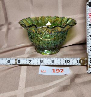 d192- LE Smith Green Carnival Glass Crimped Bowl