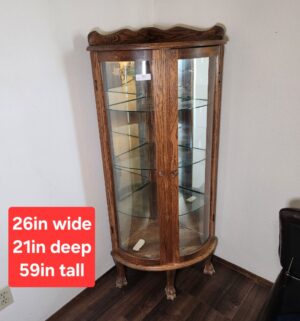 f77- Antique Corner Oak Curio Cabinet