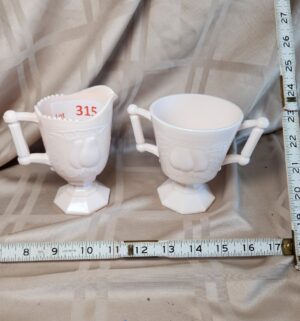 f315- Jeannette Pink Milk Glass Baltimore Pear Creamer and Covered Sugar Bowl set.
