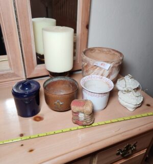 h65- vases, candle, cotton bale, trinket boxes