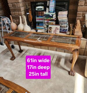 h113- Oak Sofa Table w/ Lead Glass Panels
