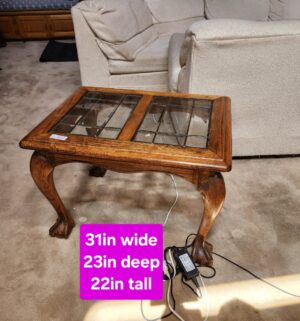 h115- Oak End Table. Lead Glass Panels