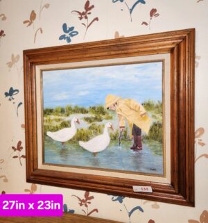 h134- Feeding Ducks. Signed MOM