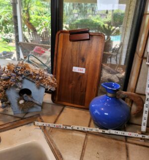 h144- tray, tea pot, bird house