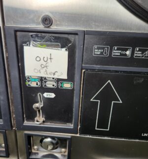 j70- Speed Queen STT3ON Stack Dryer. No Panel or Coin Slot Keys. Out of Order sign on 1 unit - Image 2