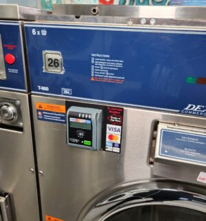 j85- Dexter Commercial Washer. T-900. 6 Load. No Panel or Coin Slot Keys. Top Panel Open Out of Order Sign - Image 2