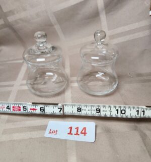 L114- Glass Covered Sugar Jars w/ Glass Spoons - Image 1