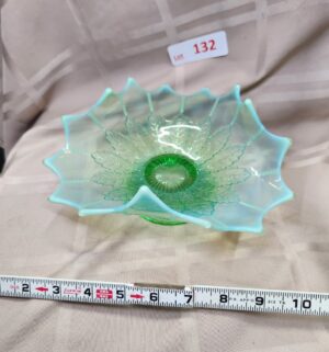 L132- FRENCH GREEN OPALESCENT LEAF RUFFLED PEDESTAL DISH - Image 1