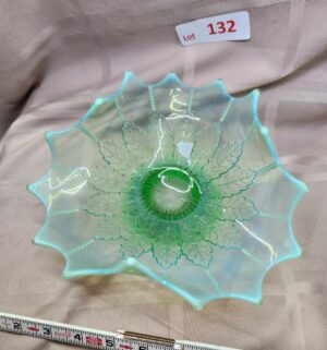 L132- FRENCH GREEN OPALESCENT LEAF RUFFLED PEDESTAL DISH - Image 2