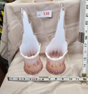 L138- Heirloom Fostoria Pink Opalescent Swung 8? Candle Holder Vases - Image 1