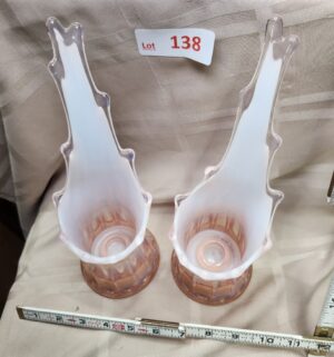 L138- Heirloom Fostoria Pink Opalescent Swung 8? Candle Holder Vases - Image 2