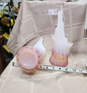L138- Heirloom Fostoria Pink Opalescent Swung 8? Candle Holder Vases - Image 3