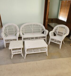 m44- Wicker Patio Set. Bench, 2 Chairs, 2 Tables. Great Shape - Image 1