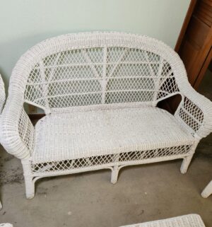 m44- Wicker Patio Set. Bench, 2 Chairs, 2 Tables. Great Shape - Image 3