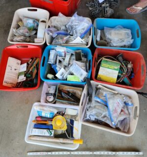 o66- sm totes of electrical, hardware, misc items
