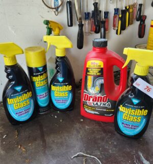 o76- glass cleaner, drano 50%+