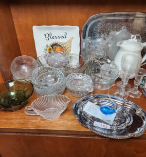 o102- collection of dishes, glass dishes, misc items