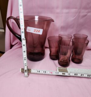 o224- vintage purple glass pitcher set