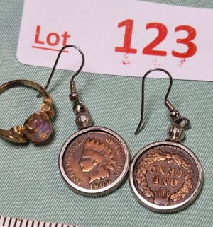 v123- Indian Head Penny Earrings. 10kt gold plated ring w/ fire opal stone