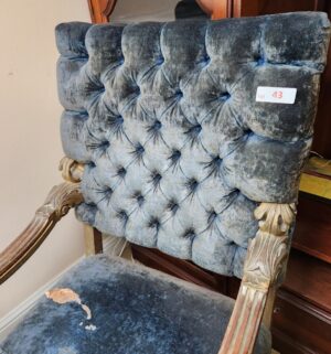 w43- antique Jacobean Style Sky Blue Velvet Arm Chair - Image 3