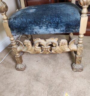 w43- antique Jacobean Style Sky Blue Velvet Arm Chair - Image 4