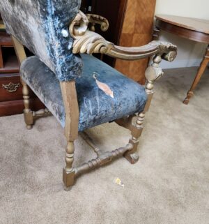 w43- antique Jacobean Style Sky Blue Velvet Arm Chair - Image 5