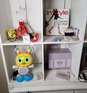 x22- misc houshold items in bookcase