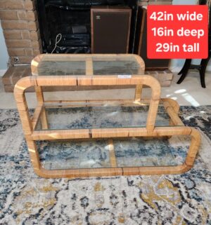x72- vintage glass/woven rattan shelf unit